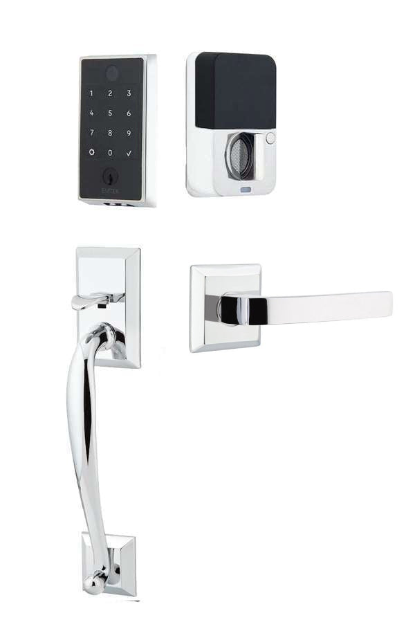 The Emtek EMPowered 2 Touch Entry Set with Franklin Grip and Interior Breslin Lever in Polished Chrome finish.