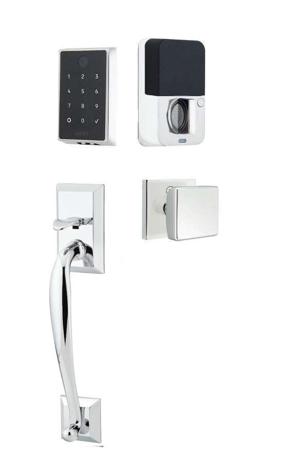 The Emtek EMPowered 2 Touch Entry Set with Franklin Grip and Interior Square Knob in Polished Chrome finish.