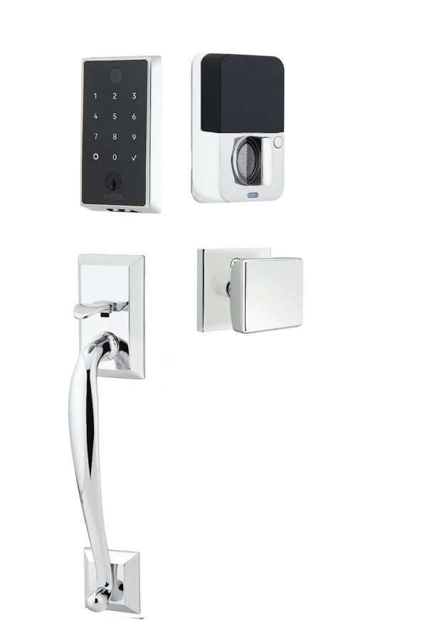 The Emtek EMPowered 2 Touch Entry Set with Franklin Grip and Interior Square Knob in Polished Chrome finish.