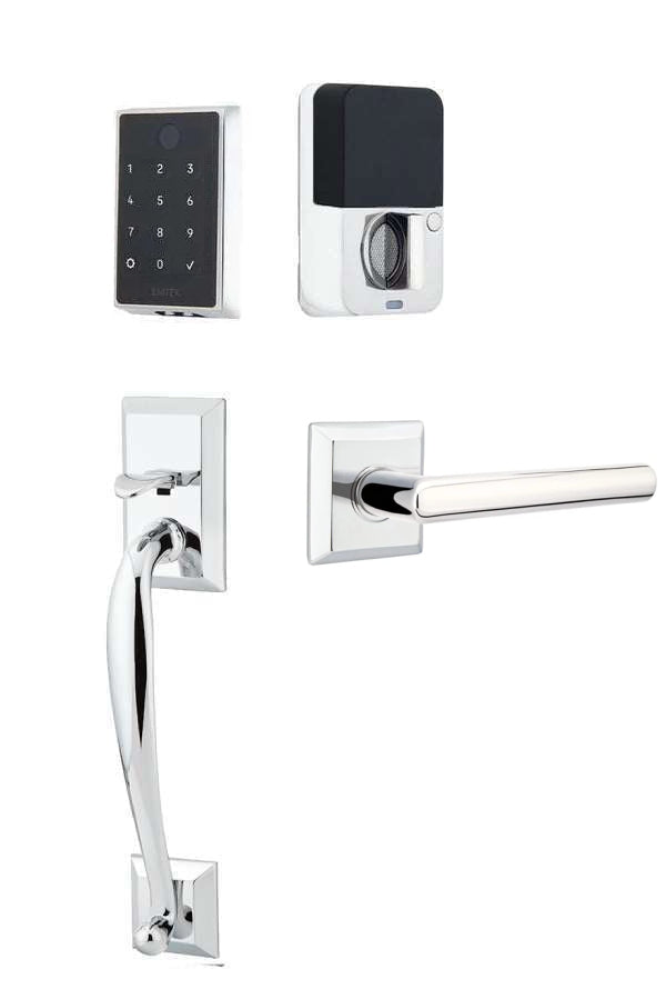 The Emtek EMPowered 2 Touch Entry Set with Franklin Grip and Interior Stuttgart Lever in Polished Chrome finish.