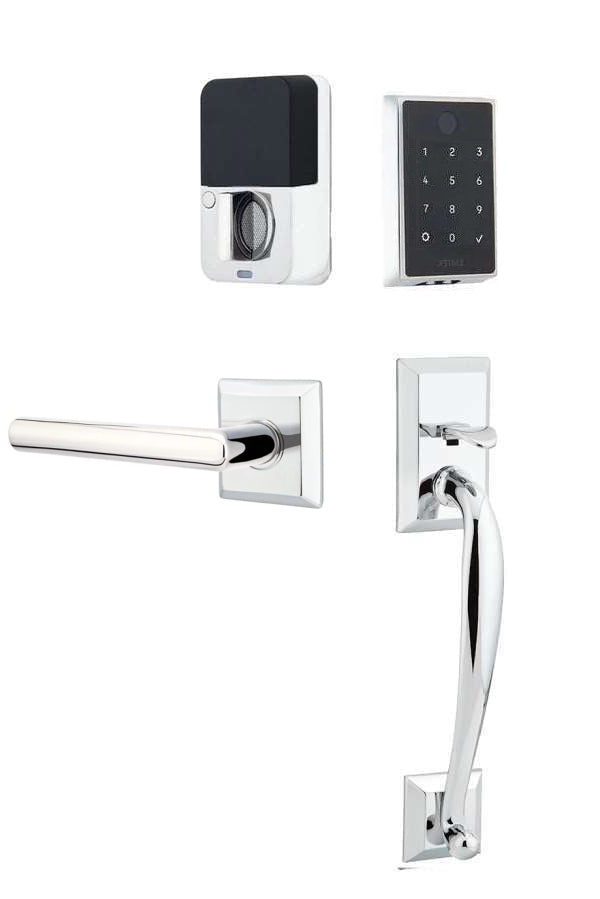 The Emtek EMPowered 2 Touch Entry Set with Franklin Grip and Interior Stuttgart Lever in Polished Chrome finish.
