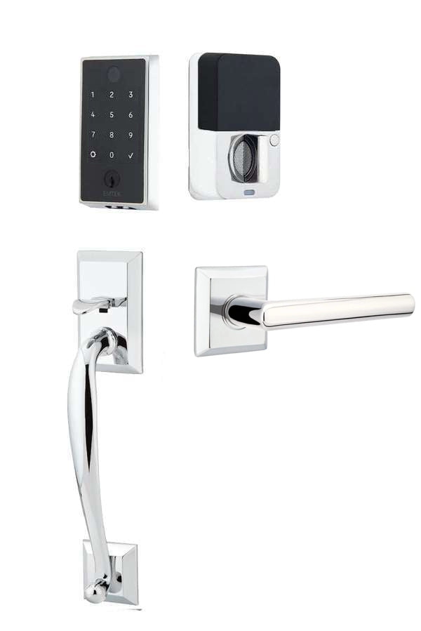 The Emtek EMPowered 2 Touch Entry Set with Franklin Grip and Interior Stuttgart Lever in Polished Chrome finish.