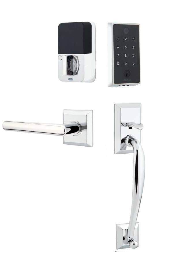 The Emtek EMPowered 2 Touch Entry Set with Franklin Grip and Interior Stuttgart Lever in Polished Chrome finish.