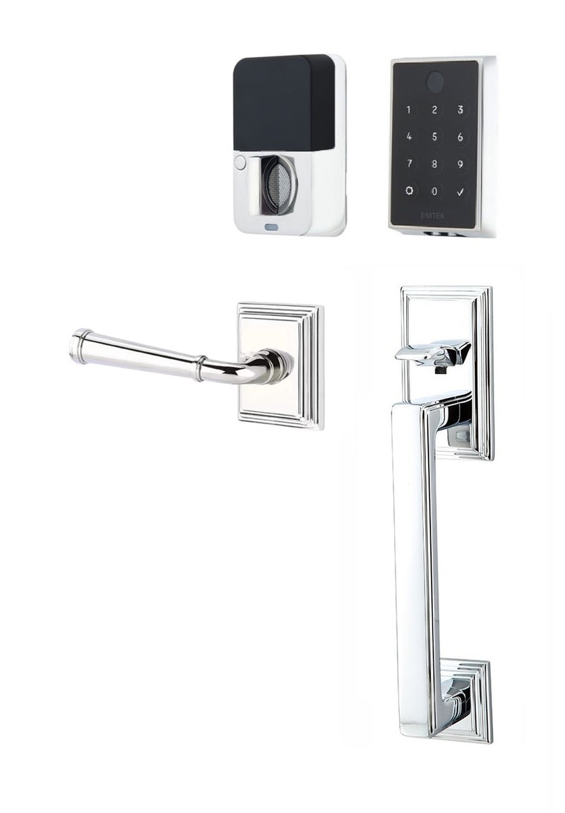 The Emtek EMPowered 2 Touch Entry Set with Hamden Grip and Interior Merrimack Lever in Polished Chrome finish.