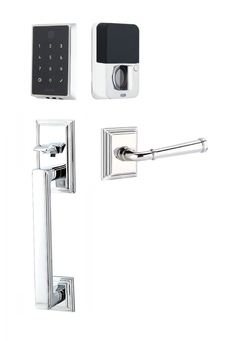 The Emtek EMPowered 2 Touch Entry Set with Hamden Grip and Interior Merrimack Lever in Polished Chrome finish.