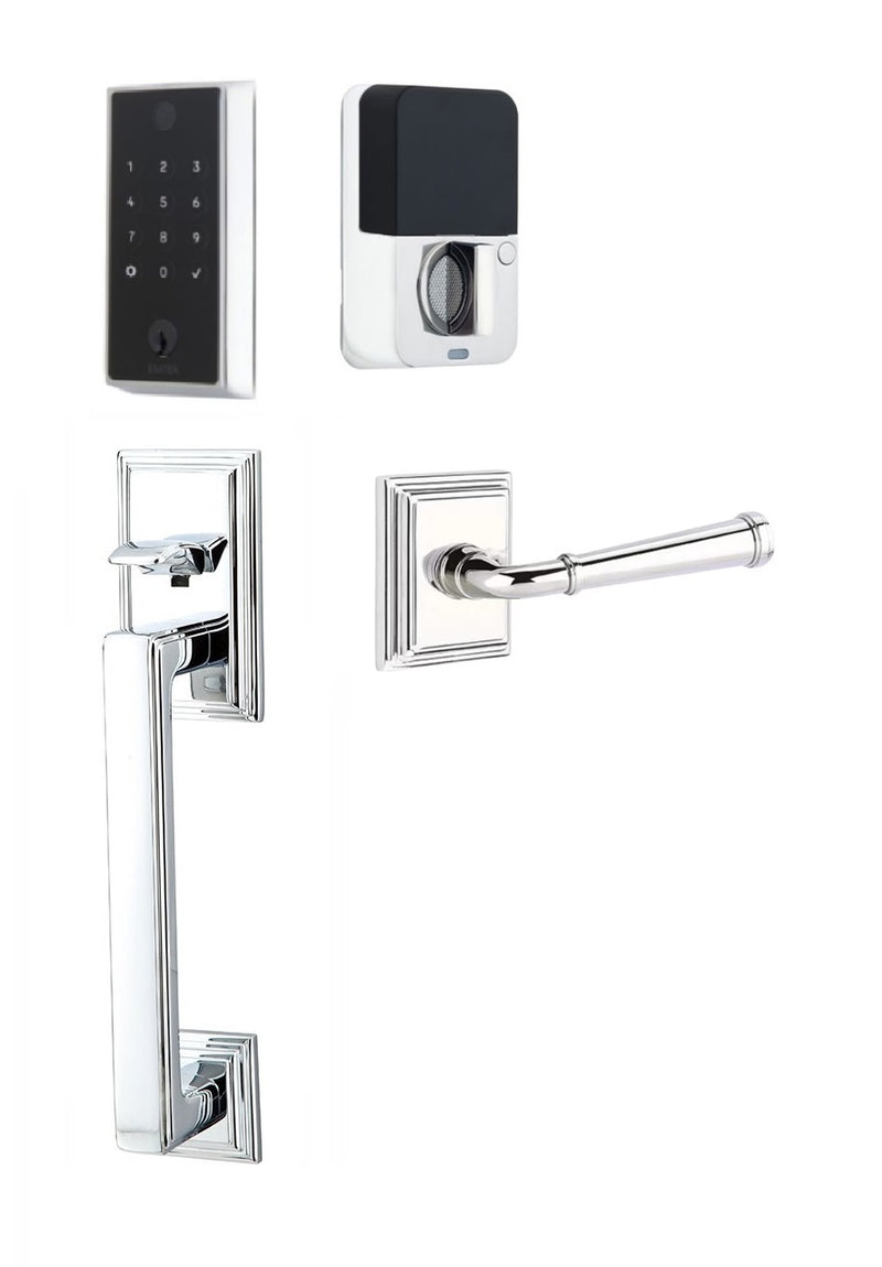 The Emtek EMPowered 2 Touch Entry Set with Hamden Grip and Interior Merrimack Lever in Polished Chrome finish.