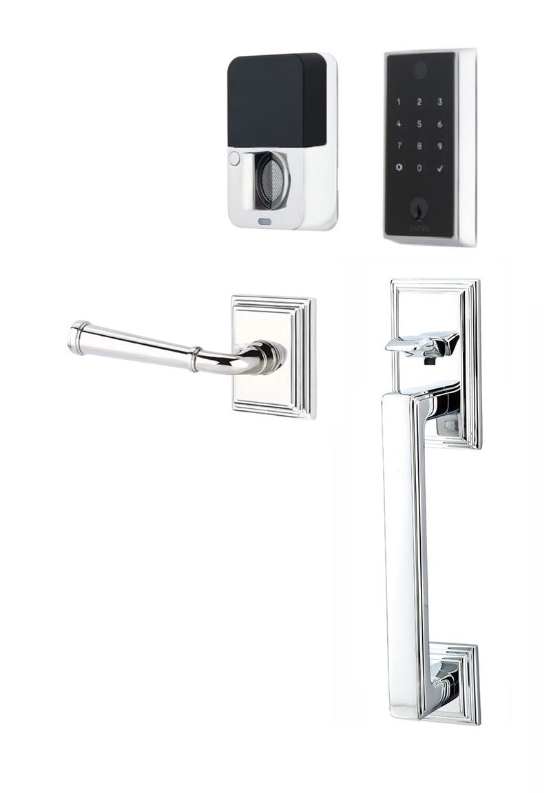 The Emtek EMPowered 2 Touch Entry Set with Hamden Grip and Interior Merrimack Lever in Polished Chrome finish.