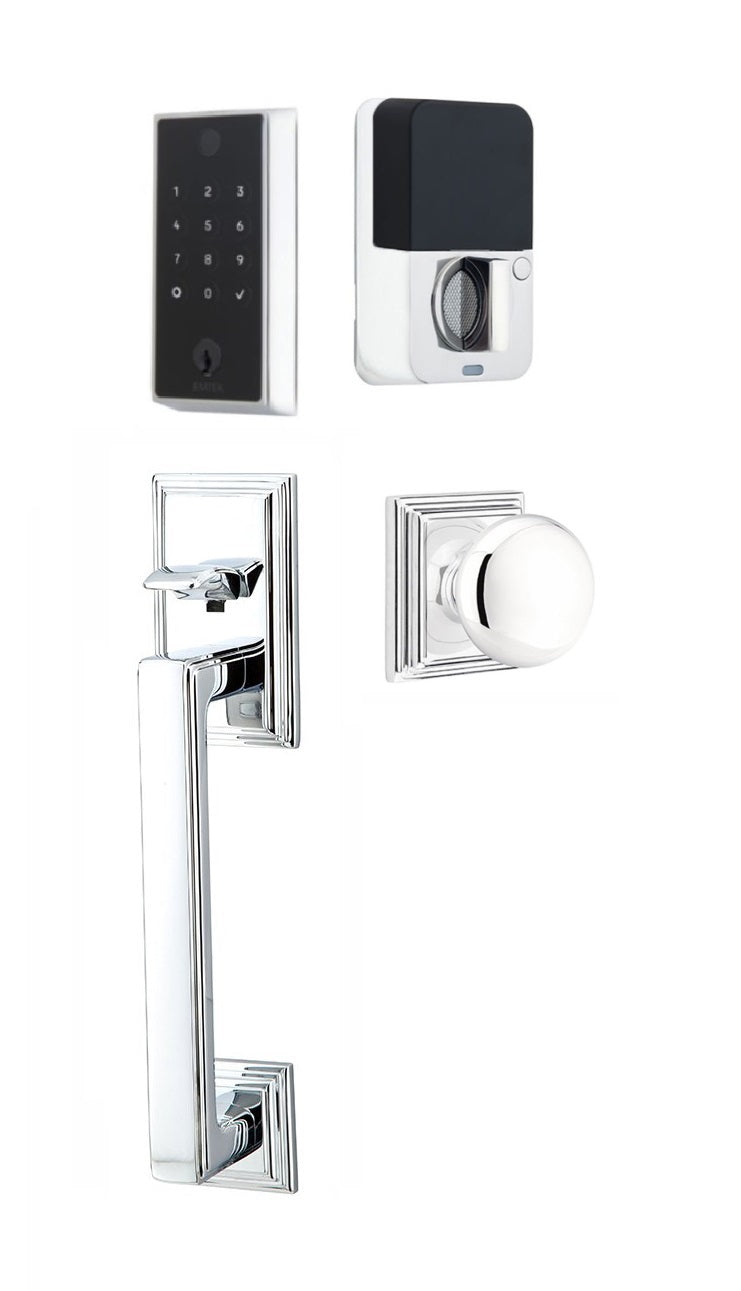 The Emtek EMPowered 2 Touch Entry Set with Hamden Grip and Interior Providence Knob in Polished Chrome finish.