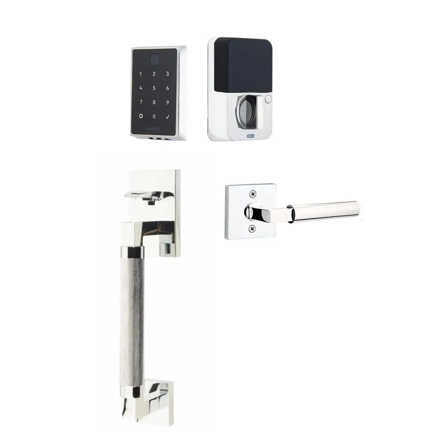 The Emtek EMPowered 2 Touch Entry Set with Hercules Knurled Grip and Interior Hercules Lever in Polished Chrome finish.