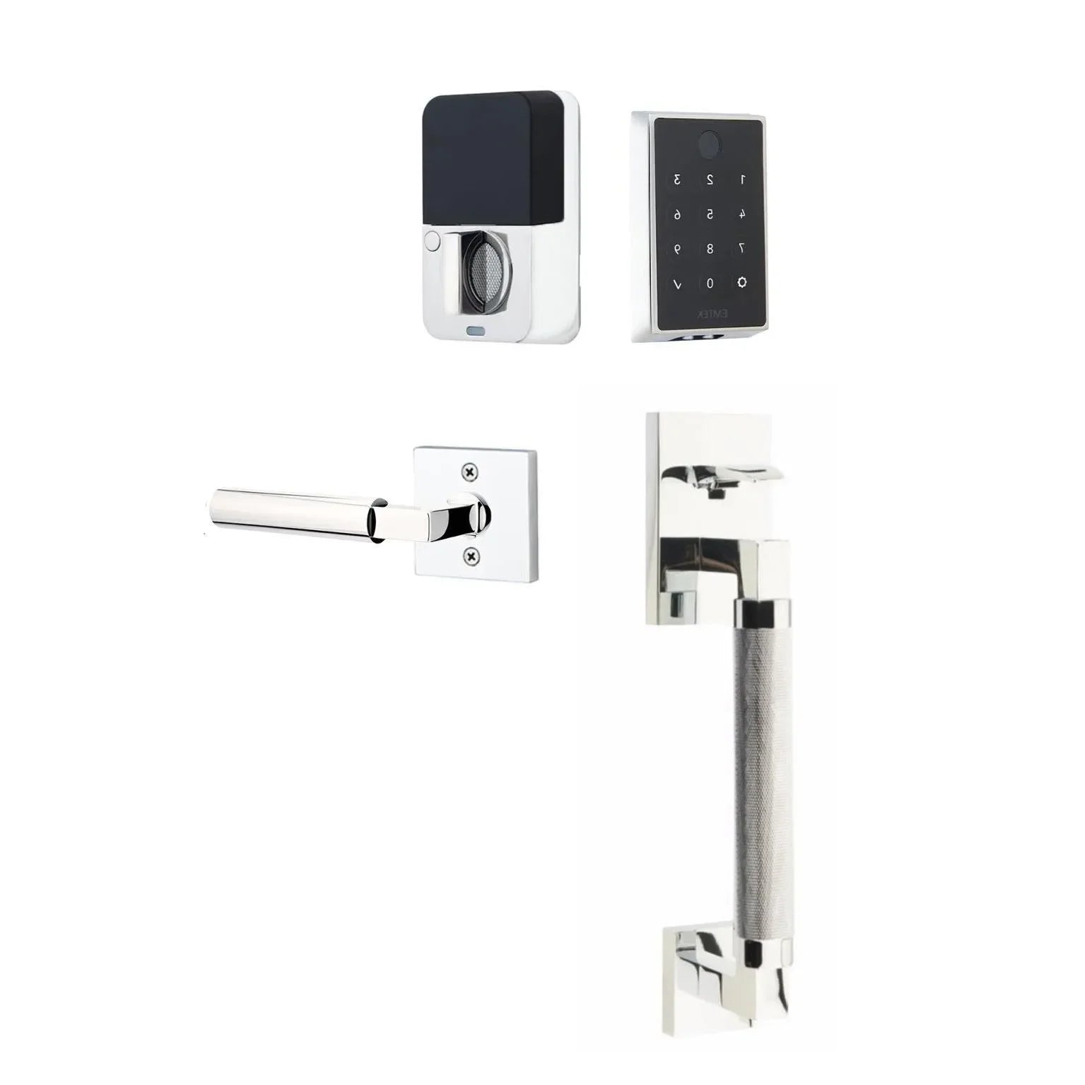 The Emtek EMPowered 2 Touch Entry Set with Hercules Knurled Grip and Interior Hercules Lever in Polished Chrome finish.