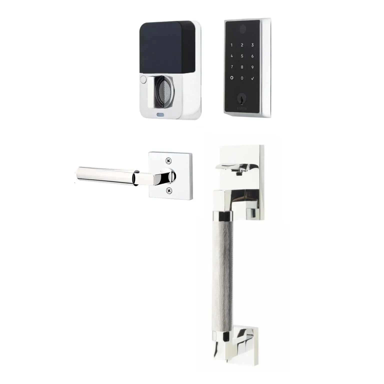 The Emtek EMPowered 2 Touch Entry Set with Hercules Knurled Grip and Interior Hercules Lever in Polished Chrome finish.
