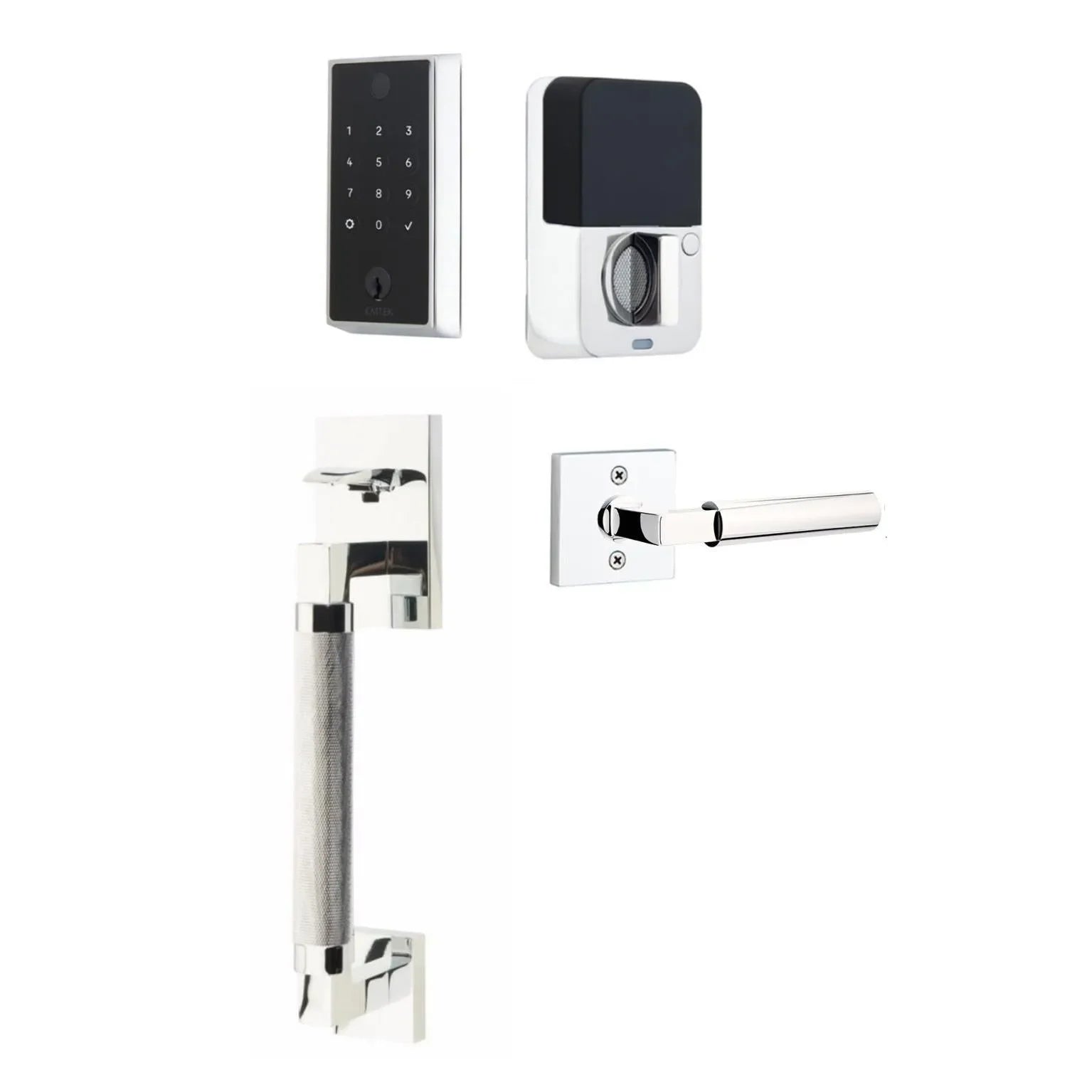 The Emtek EMPowered 2 Touch Entry Set with Hercules Knurled Grip and Interior Hercules Lever in Polished Chrome finish.