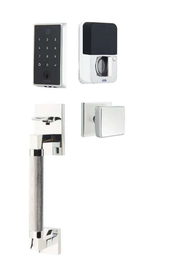 The Emtek EMPowered 2 Touch Entry Set with Hercules Knurled Grip and Interior Square Knob in Polished Chrome finish.