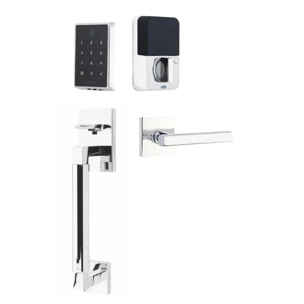 The Emtek EMPowered 2 Touch Entry Set with Hercules Smooth Grip and Interior Freestone Lever in Polished Chrome finish.