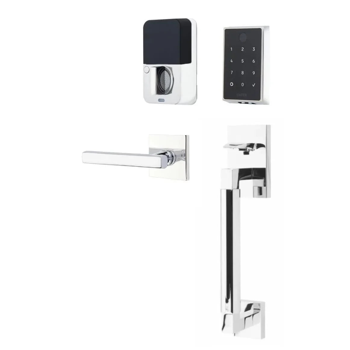 The Emtek EMPowered 2 Touch Entry Set with Hercules Smooth Grip and Interior Freestone Lever in Polished Chrome finish.