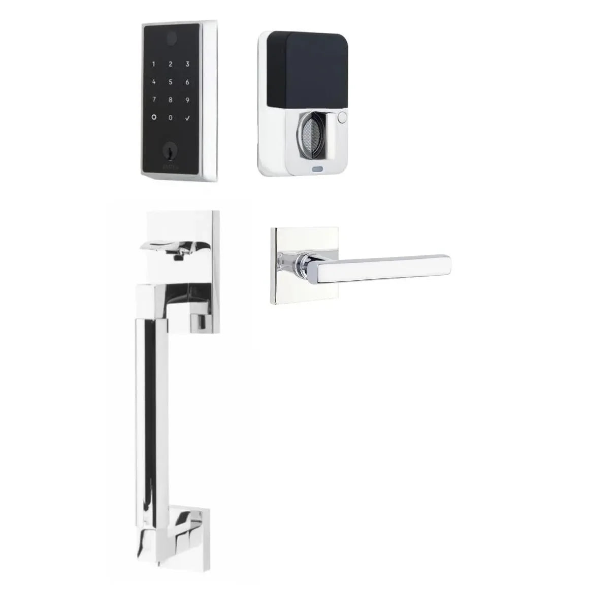 The Emtek EMPowered 2 Touch Entry Set with Hercules Smooth Grip and Interior Freestone Lever in Polished Chrome finish.