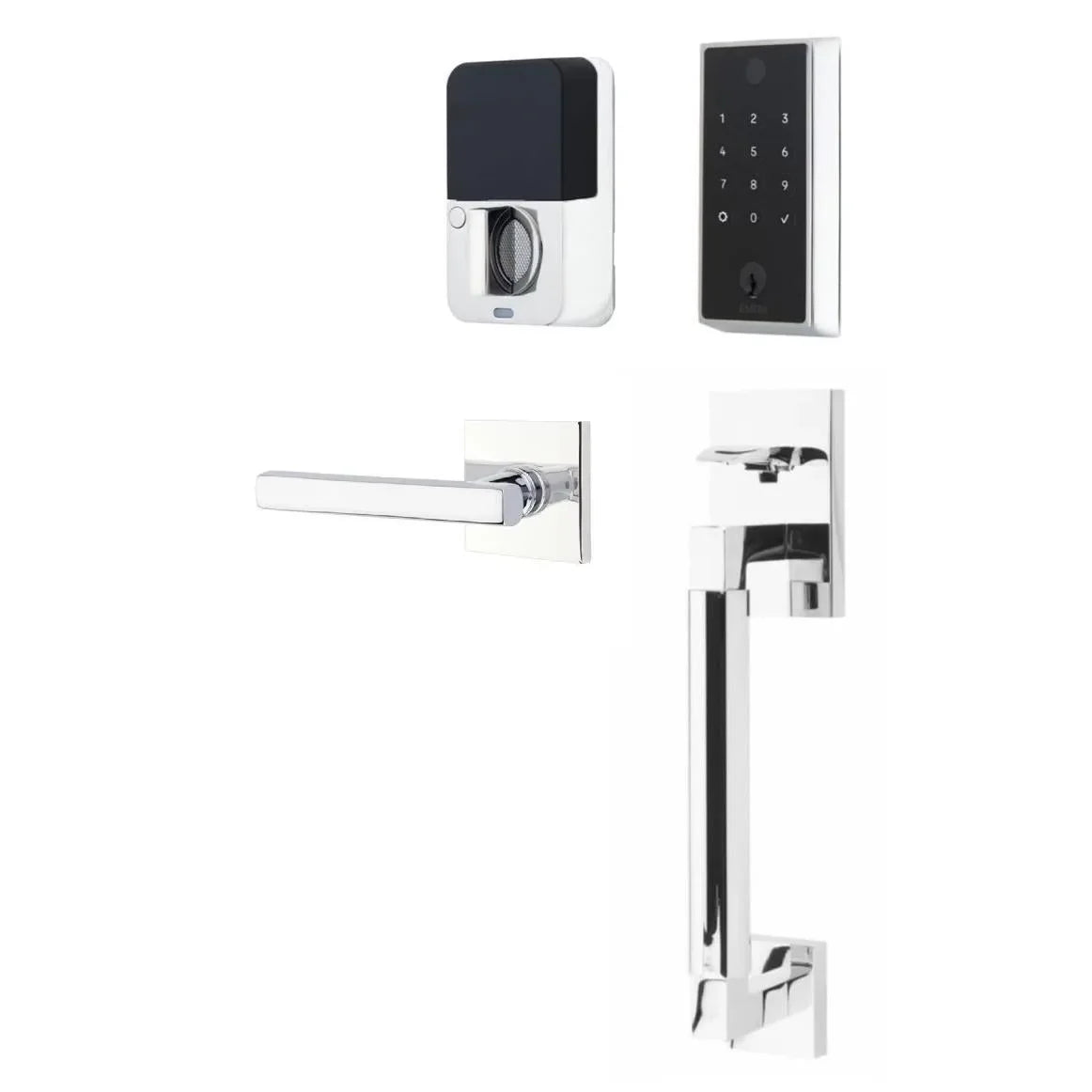 The Emtek EMPowered 2 Touch Entry Set with Hercules Smooth Grip and Interior Freestone Lever in Polished Chrome finish.