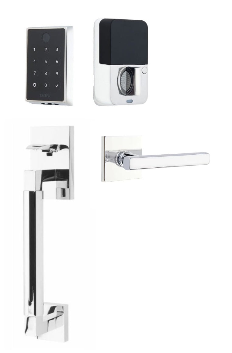 The Emtek EMPowered 2 Touch Entry Set with Hercules Smooth Grip and Interior Freestone Lever in Polished Chrome finish.