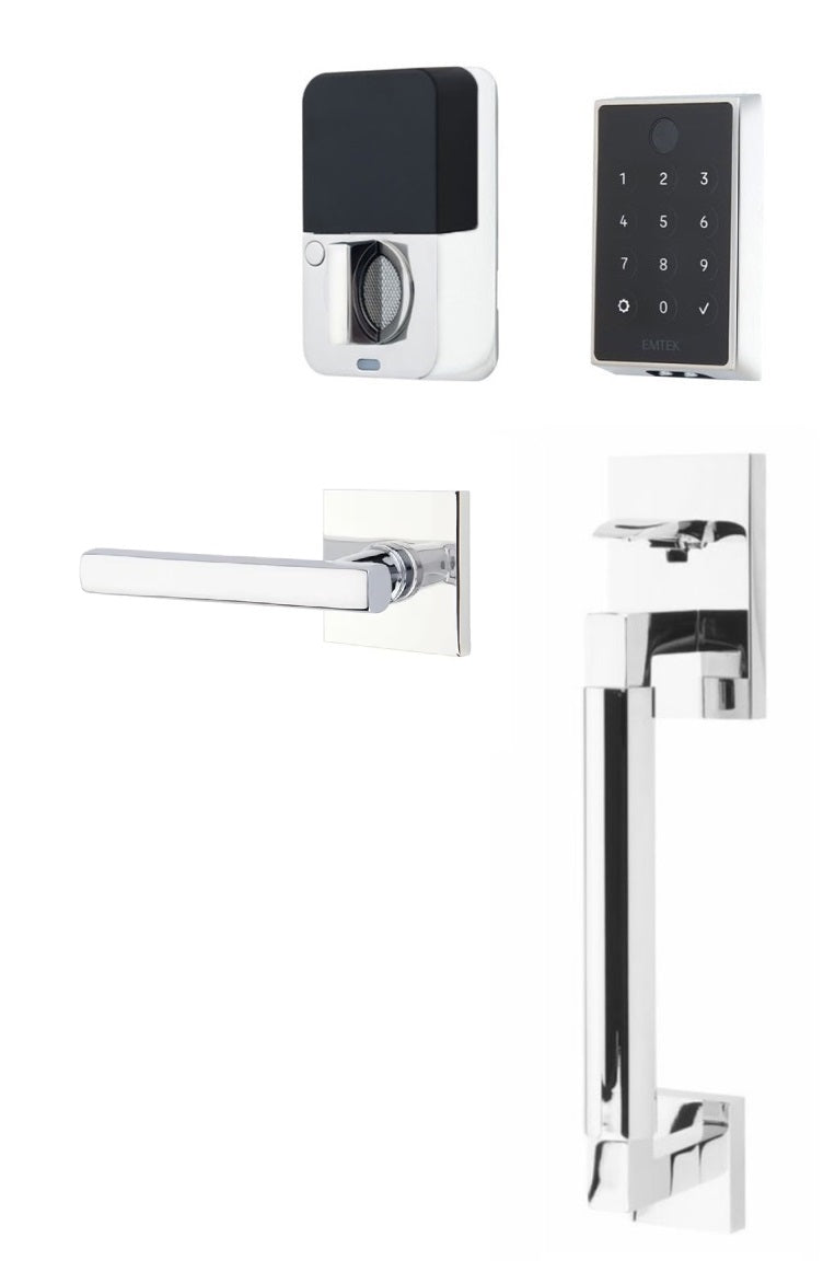 The Emtek EMPowered 2 Touch Entry Set with Hercules Smooth Grip and Interior Freestone Lever in Polished Chrome finish.