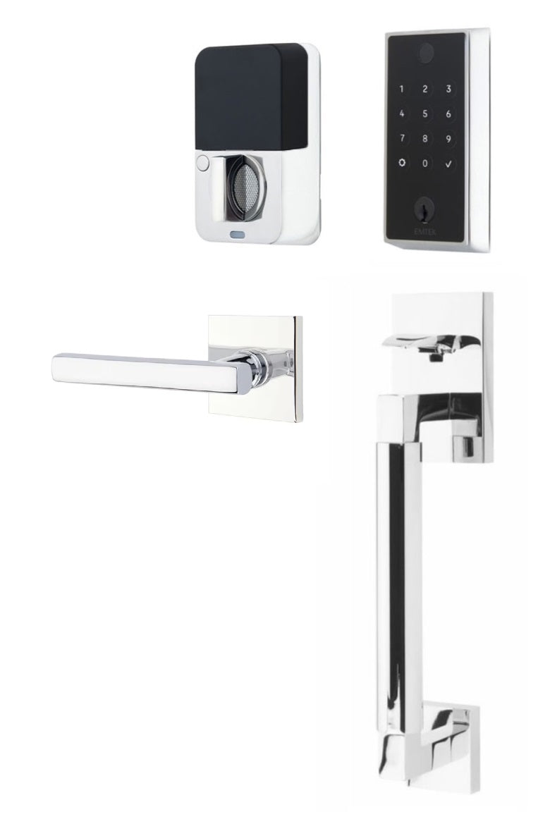 The Emtek EMPowered 2 Touch Entry Set with Hercules Smooth Grip and Interior Freestone Lever in Polished Chrome finish.