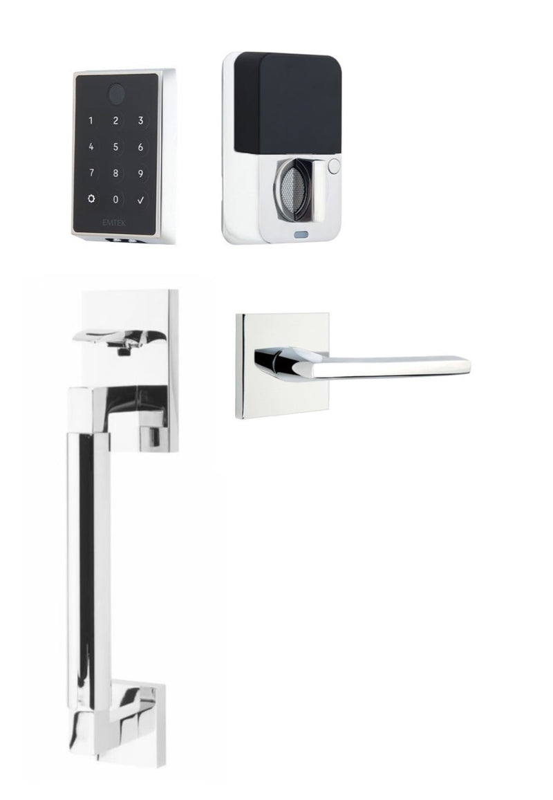 The Emtek EMPowered 2 Touch Entry Set with Hercules Smooth Grip and Interior Helios Lever in Polished Chrome finish.