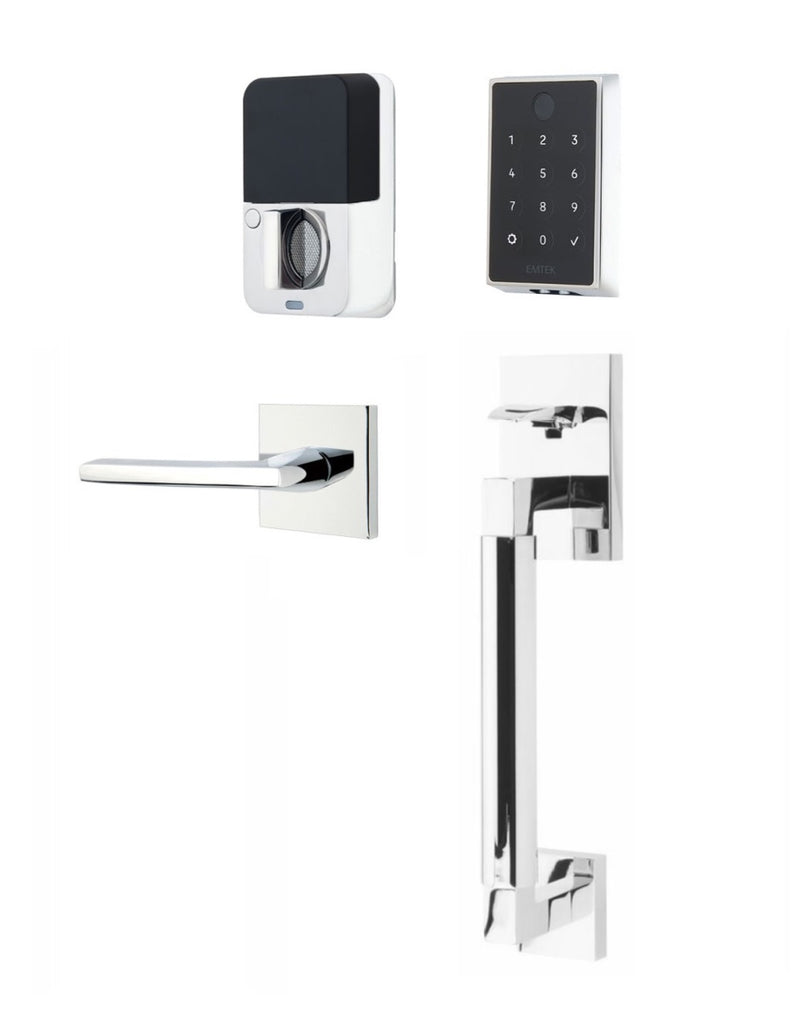 The Emtek EMPowered 2 Touch Entry Set with Hercules Smooth Grip and Interior Helios Lever in Polished Chrome finish.