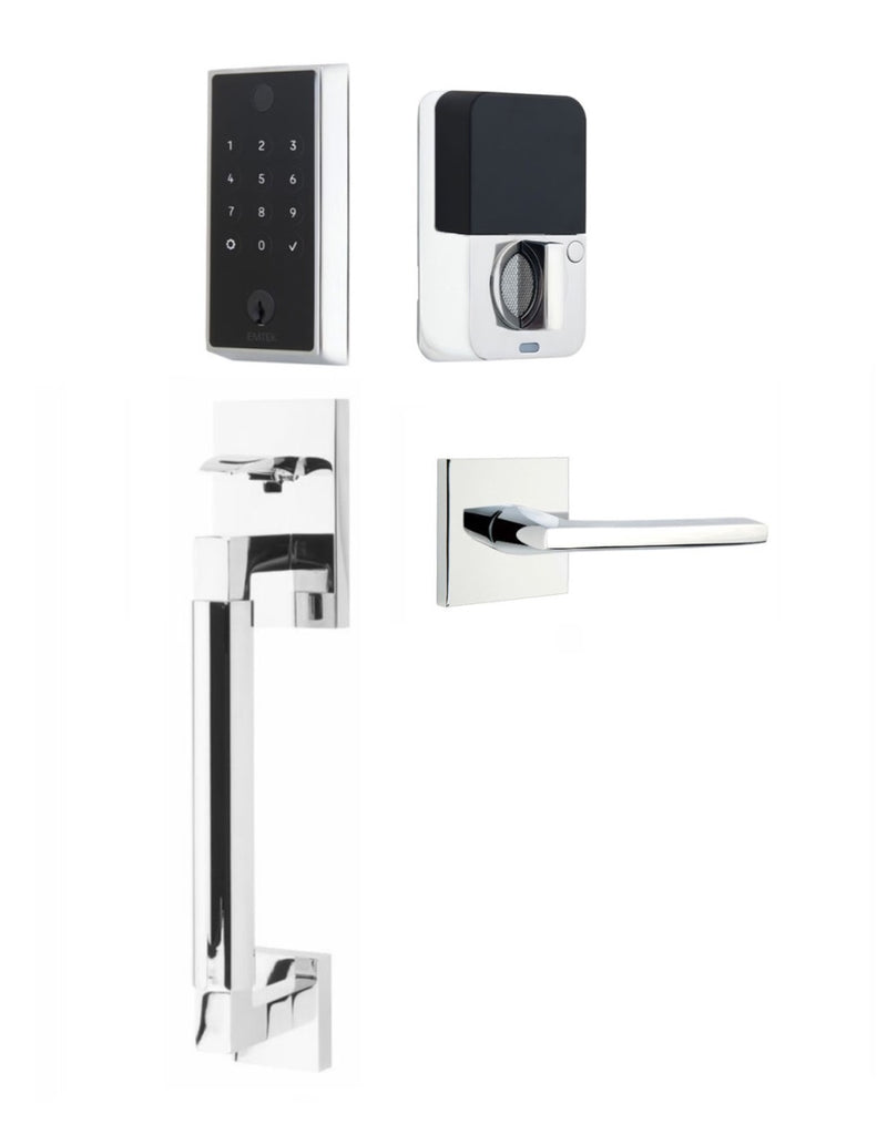 The Emtek EMPowered 2 Touch Entry Set with Hercules Smooth Grip and Interior Helios Lever in Polished Chrome finish.