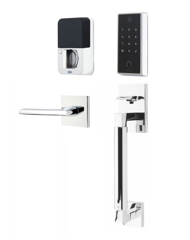 The Emtek EMPowered 2 Touch Entry Set with Hercules Smooth Grip and Interior Helios Lever in Polished Chrome finish.