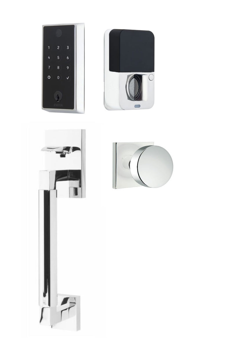 The Emtek EMPowered 2 Touch Entry Set with Hercules Smooth Grip and Interior Round Knob in Polished Chrome finish.