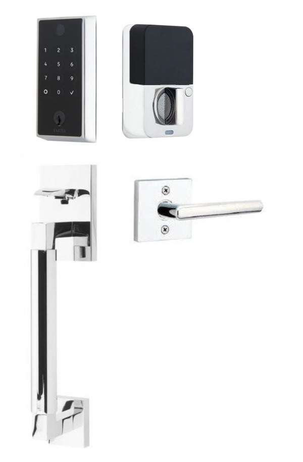 The Emtek EMPowered 2 Touch Entry Set with Hercules Smooth Grip and Interior Stuttgart Lever in Polished Chrome finish.