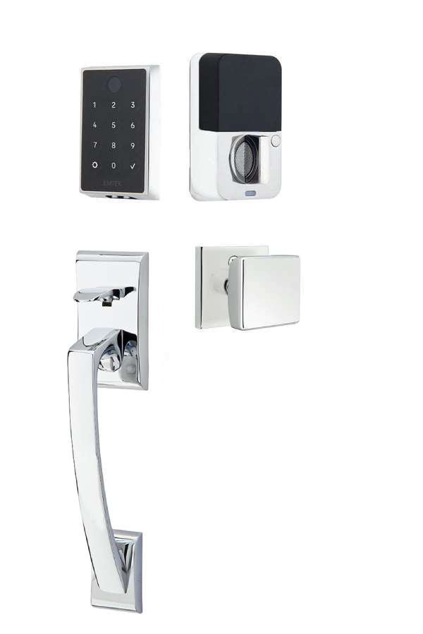 The Emtek EMPowered 2 Touch Key Free Entry Set with Ares Grip and Interior Square Knob in Polished Chrome finish.