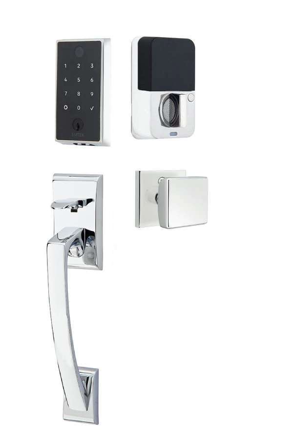 The Emtek EMPowered 2 Touch Key Free Entry Set with Ares Grip and Interior Square Knob in Polished Chrome finish.