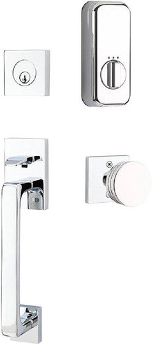 The Emtek EMPowered Baden Tubular Entrance Handleset Single Cylinder with Bern Knob in Polished Chrome finish