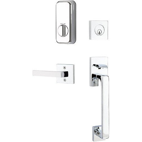 The Emtek EMPowered Baden Tubular Entrance Handleset Single Cylinder with Dumont Lever in Polished Chrome finish