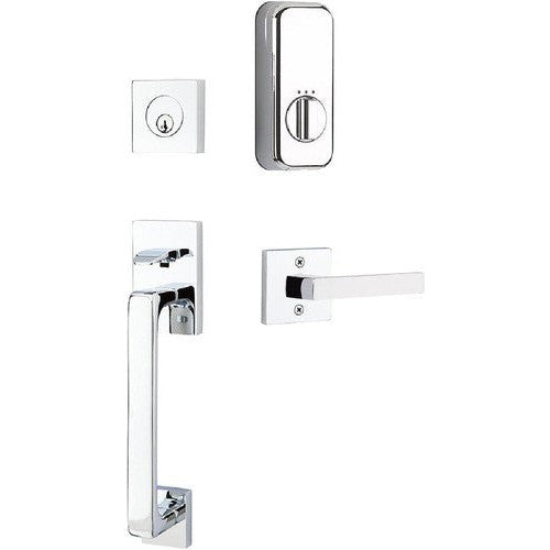 The Emtek EMPowered Baden Tubular Entrance Handleset Single Cylinder with Dumont Lever in Polished Chrome finish