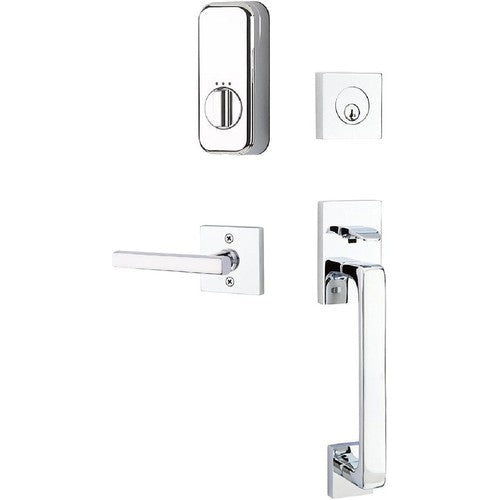 The Emtek EMPowered Baden Tubular Entrance Handleset Single Cylinder with Freestone Lever in Polished Chrome finish