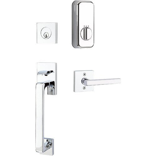 The Emtek EMPowered Baden Tubular Entrance Handleset Single Cylinder with Freestone Lever in Polished Chrome finish