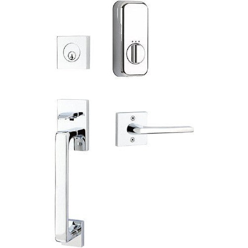 The Emtek EMPowered Baden Tubular Entrance Handleset Single Cylinder with Helios Lever in Polished Chrome finish