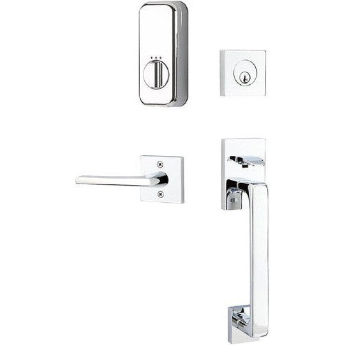 The Emtek EMPowered Baden Tubular Entrance Handleset Single Cylinder with Helios Lever in Polished Chrome finish