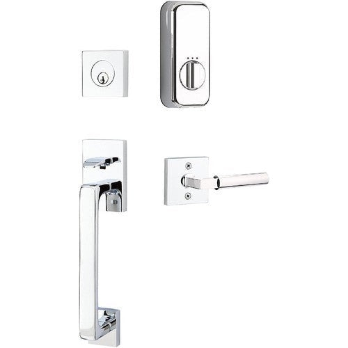 The Emtek EMPowered Baden Tubular Entrance Handleset Single Cylinder with Hercules Lever in Polished Chrome finish