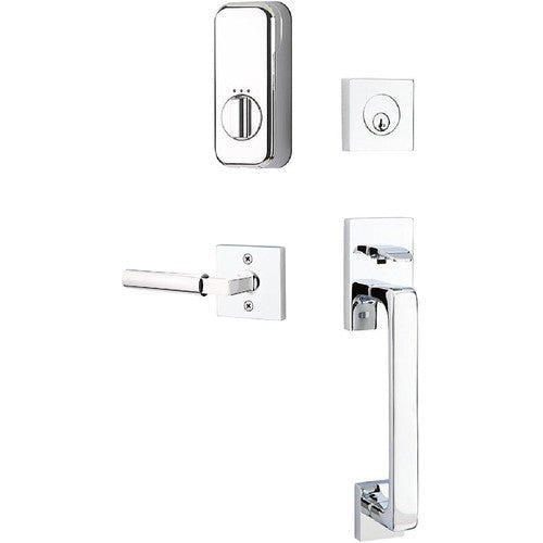 The Emtek EMPowered Baden Tubular Entrance Handleset Single Cylinder with Hercules Lever in Polished Chrome finish