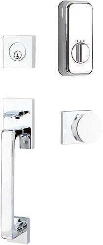 The Emtek EMPowered Baden Tubular Entrance Handleset Single Cylinder with Round Knob in Polished Chrome finish