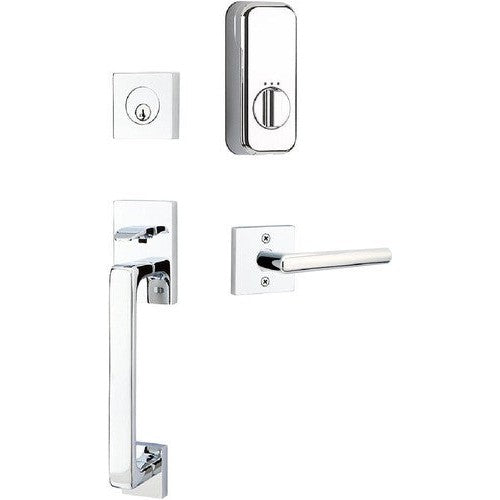 The Emtek EMPowered Baden Tubular Entrance Handleset Single Cylinder with Stuttgart Lever in Polished Chrome finish