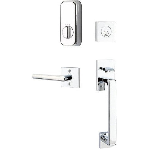 The Emtek EMPowered Baden Tubular Entrance Handleset Single Cylinder with Stuttgart Lever in Polished Chrome finish