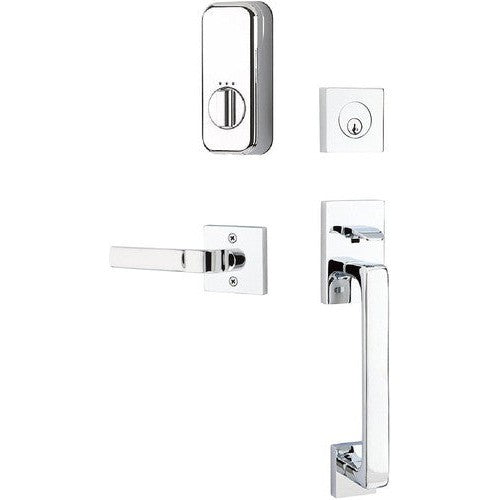 The Emtek EMPowered Smart Lock Baden Tubular Single Cylinder Entrance Handleset with Aston Lever in Polished Chrome finish