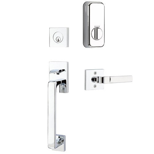 The Emtek EMPowered Smart Lock Baden Tubular Single Cylinder Entrance Handleset with Aston Lever in Polished Chrome finish