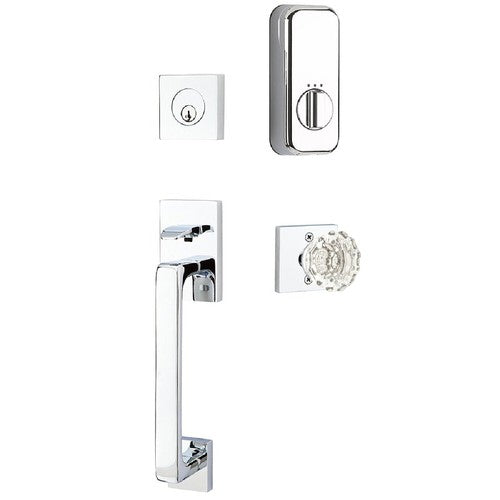 Emtek EMPowered Smart Lock Baden Tubular Single Cylinder Entrance Handleset with Astoria Clear Crystal Knob in Polished Chrome finish