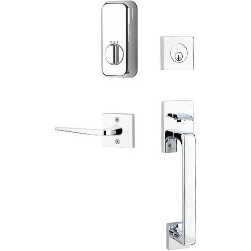 The Emtek EMPowered Smart Lock Baden Tubular Single Cylinder Entrance Handleset with Athena Lever in Polished Chrome finish