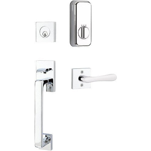 The Emtek EMPowered Smart Lock Baden Tubular Single Cylinder Entrance Handleset with Basel Lever in Polished Chrome finish