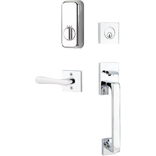 The Emtek EMPowered Smart Lock Baden Tubular Single Cylinder Entrance Handleset with Basel Lever in Polished Chrome finish